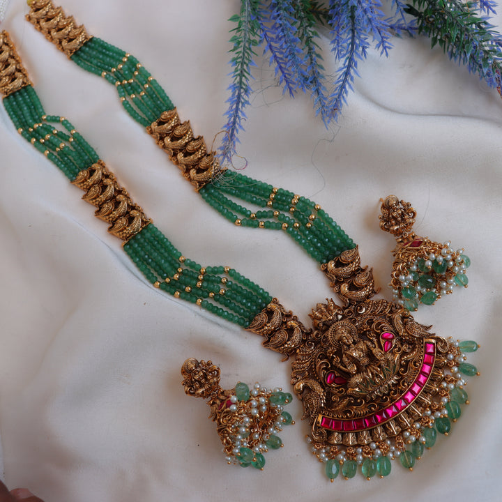 Grand Idol Lakshmi Ganesha pendant carved Jadau Mintgreen beaded layered Haram