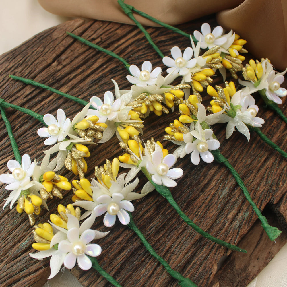 Artificial Jasmine and Pearl Floral Hair Veni – Yellow & White - Sparkle and Glow