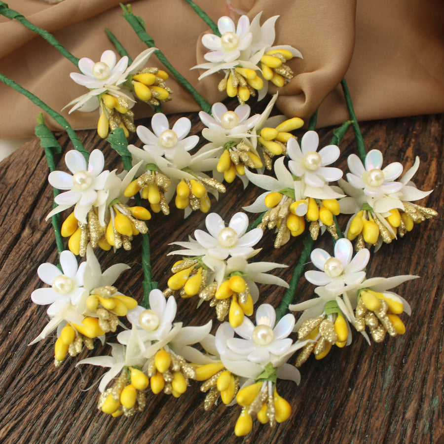 Artificial Jasmine and Pearl Floral Hair Veni – Yellow & White - Sparkle and Glow
