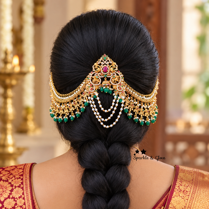 Elegant Peacock Jhumka Hairpin & Pearl Mattal Set