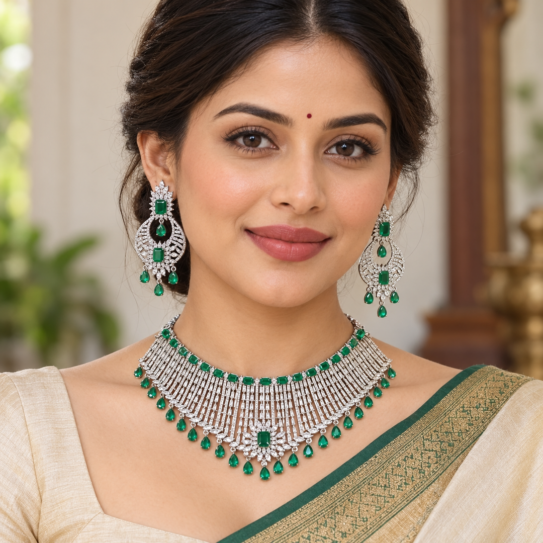 Silver AD Stone Choker & Earrings Set - Sparkling Elegance