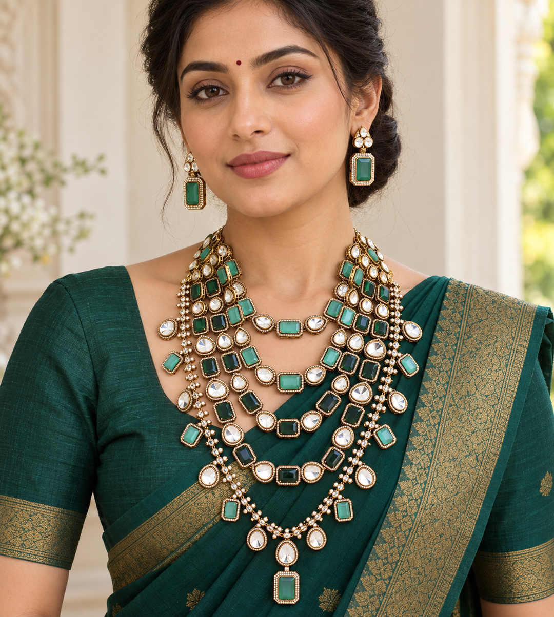 Victorian AD Rani Haram with Green Beads & Maang Tikka