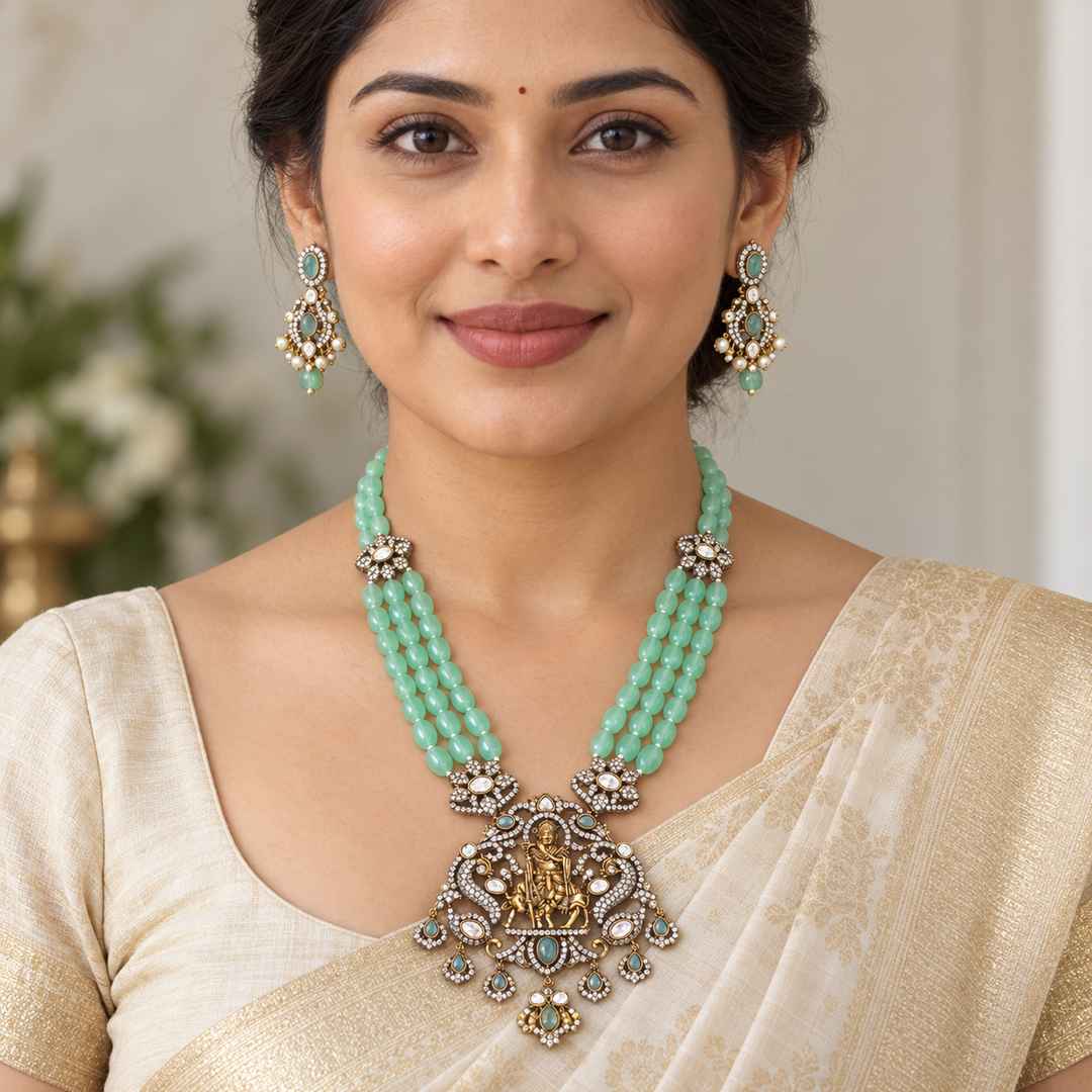 Krishna AD Haram with Blue Beads - Victorian Style