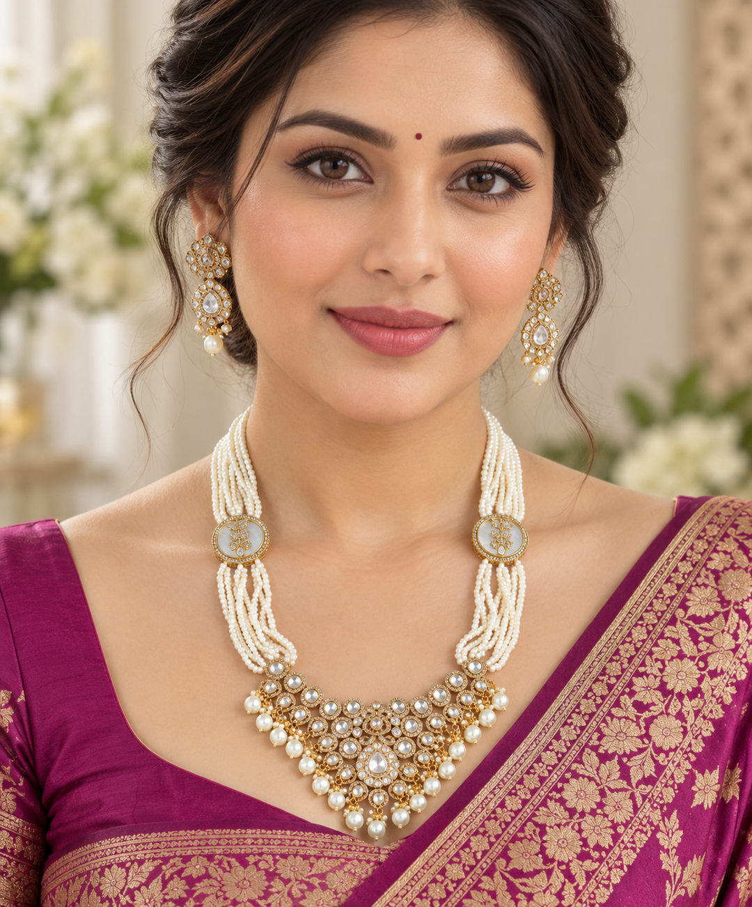 Victorian Kundan Pendant Haram with Multi-Layer Pearls