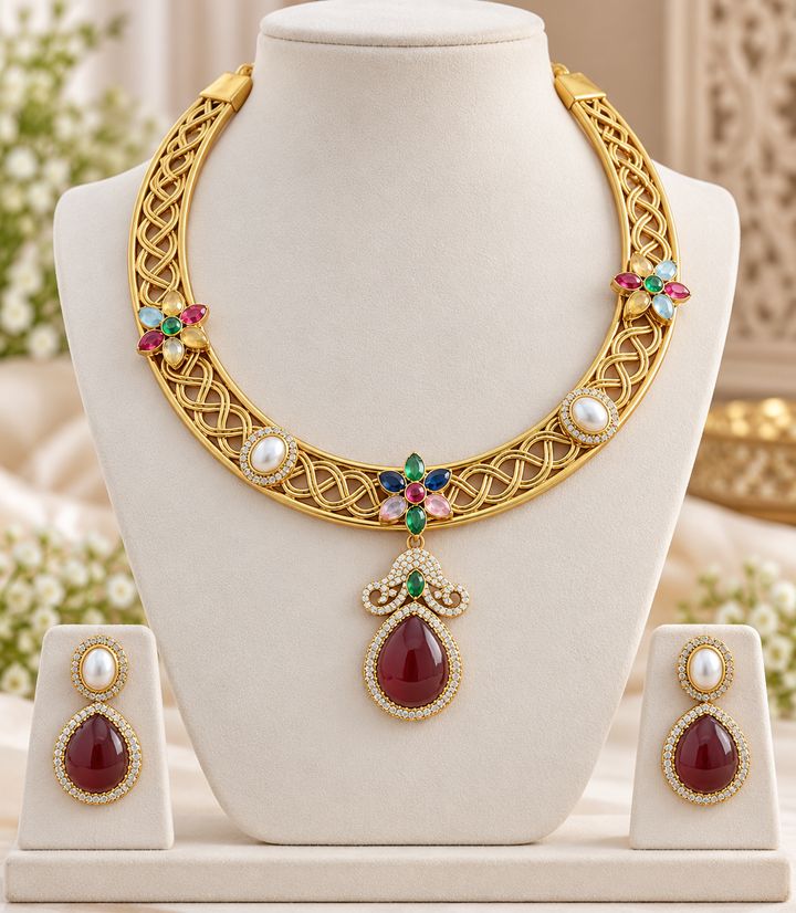 Victorian Floral AD Choker Necklace - Maroon Water Drop