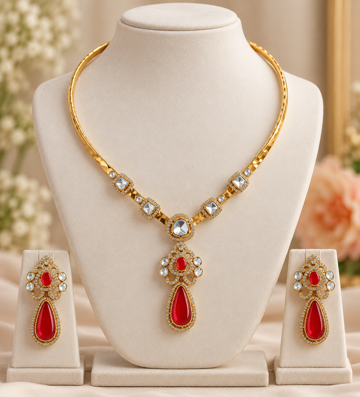 Victorian Water Drop Stone AD Hasli Choker - Pink