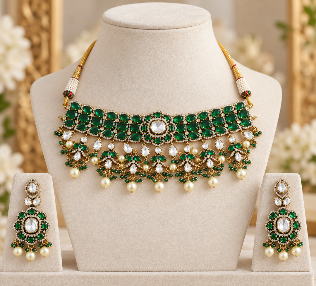 Victorian AD Choker with Pearls & Stones - Baby Pink