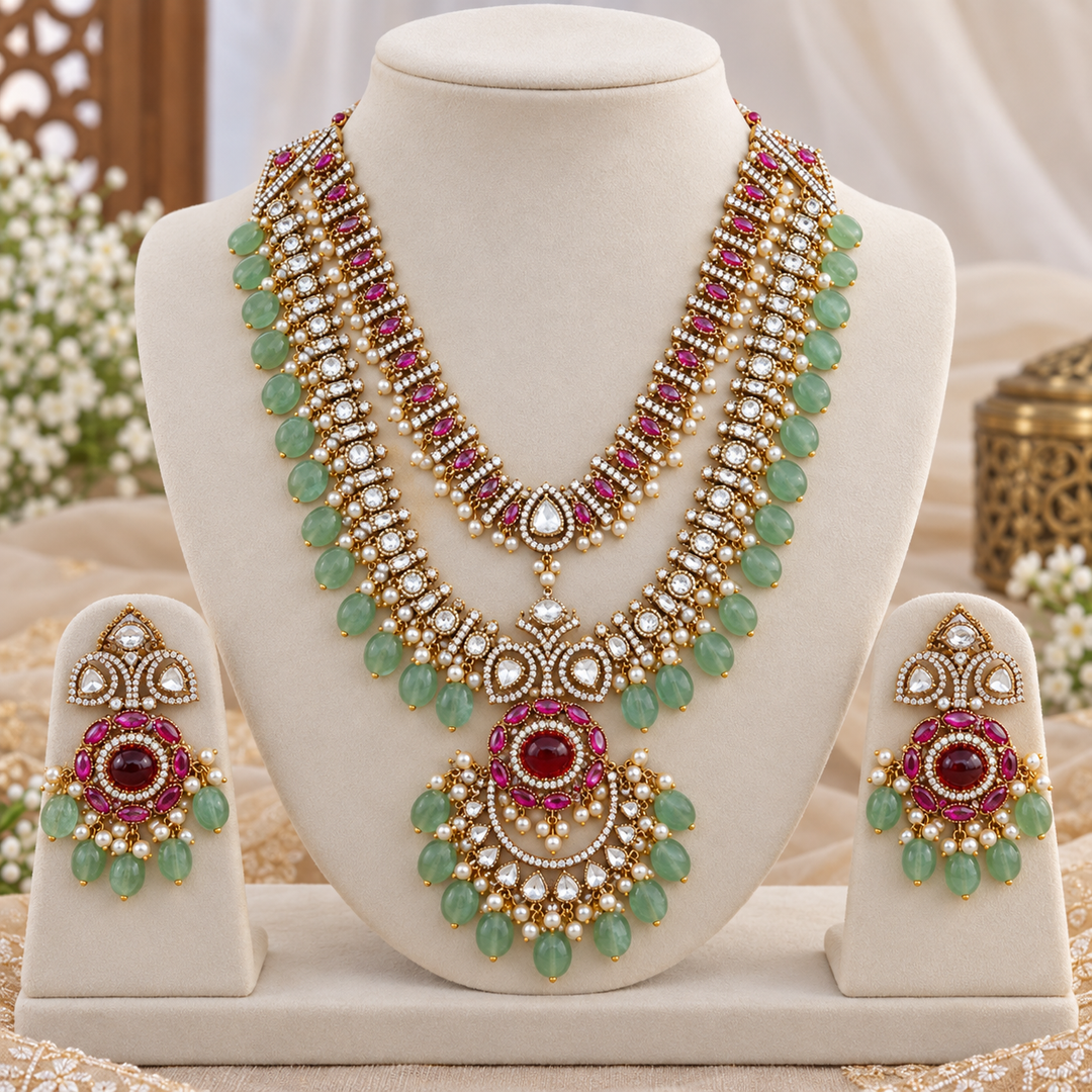 Grand Victorian AD Mango Floral Layered Necklace Set