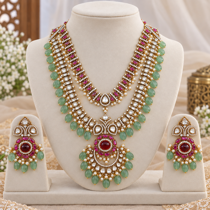 Grand Victorian AD Mango Floral Layered Necklace Set