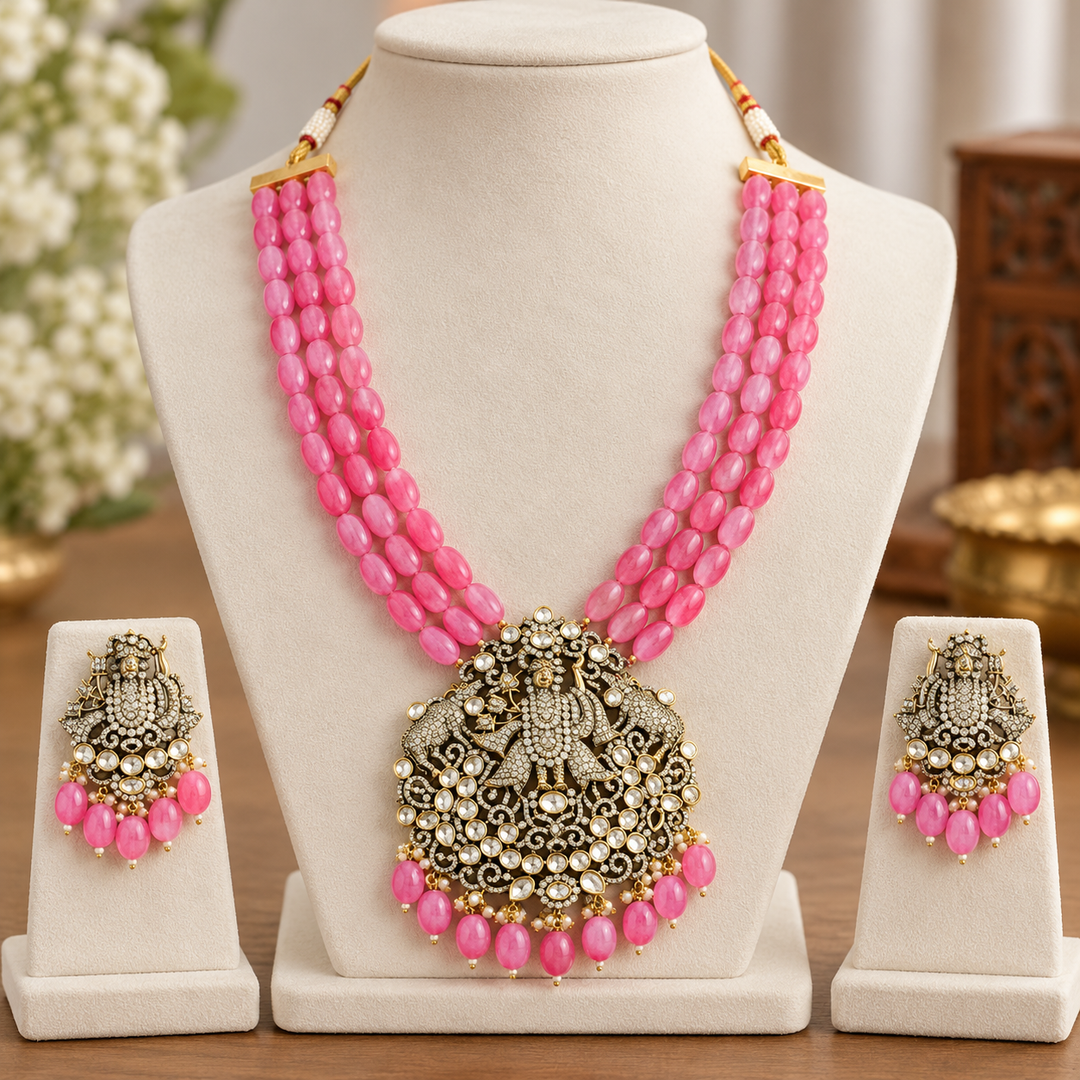 Balaji Pendant Pink Beads Victorian AD Haram