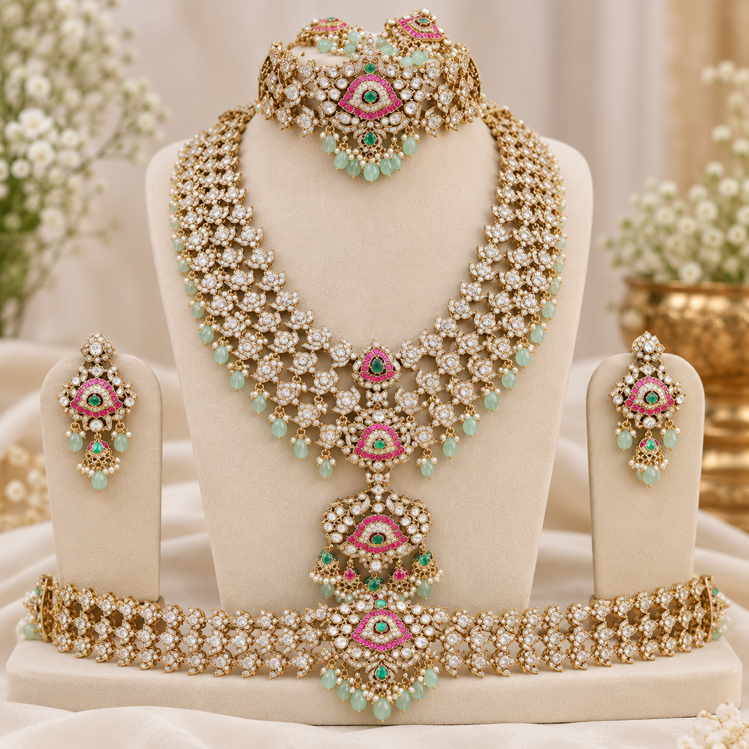 Grand Victorian AD Floral Bridal Set with Layered Necklaces