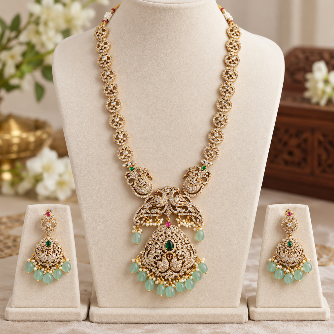 Victorian Peacock AD Necklace - Pearls & Green Beads