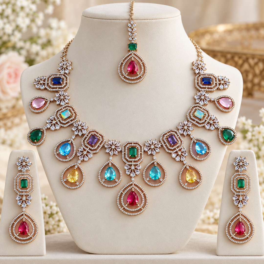 Victorian AD Necklace & Maangtikka Set - Sparkle Waterdrop