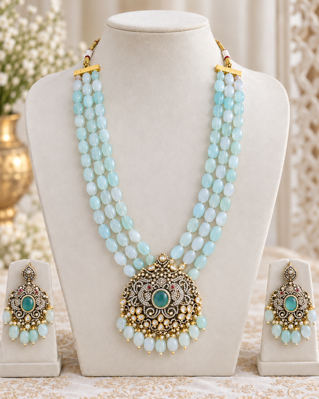 Parrot Floral Victorian AD Haram with Beads - Mint