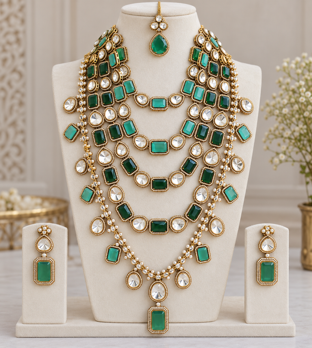 Victorian AD Rani Haram with Green Beads & Maang Tikka