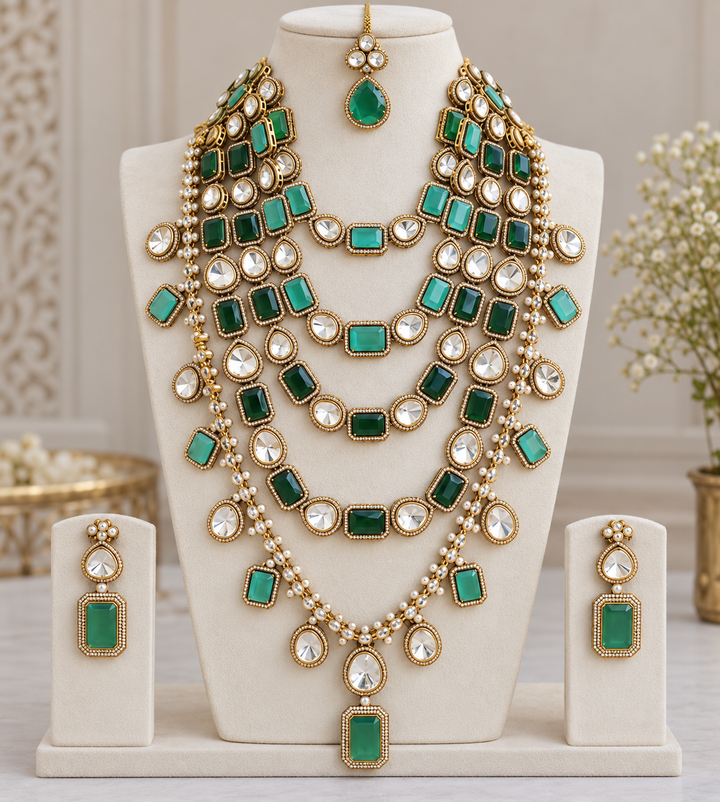 Victorian AD Rani Haram with Green Beads & Maang Tikka
