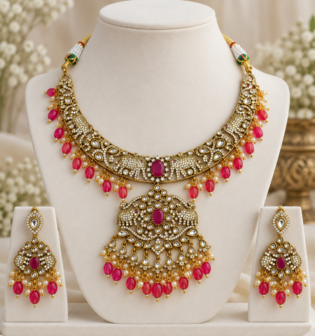 Ruby & Pink Beads Elephant Victorian Short Necklace