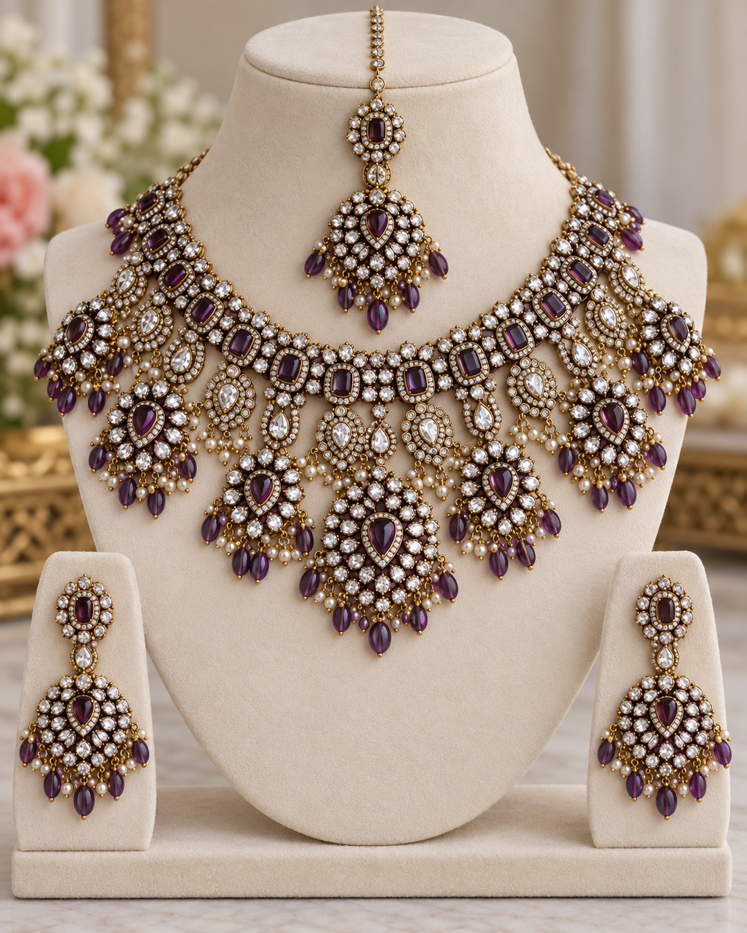 Victorian AD Choker with Green Stones & Beads + Mang Tikka