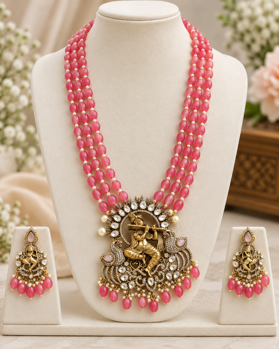 Krishna Flute Peacock Pendant & Beaded Haram