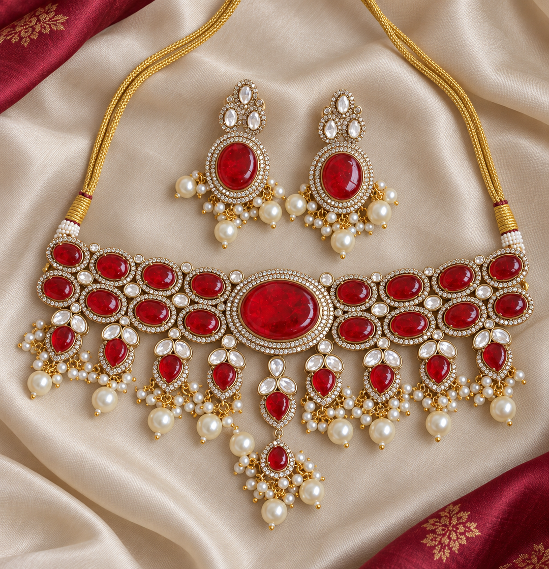 Victorian AD Oval Stone Choker with Pearl Drops