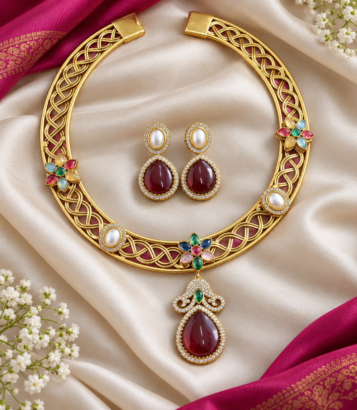 Victorian Floral AD Choker Necklace - Maroon Water Drop