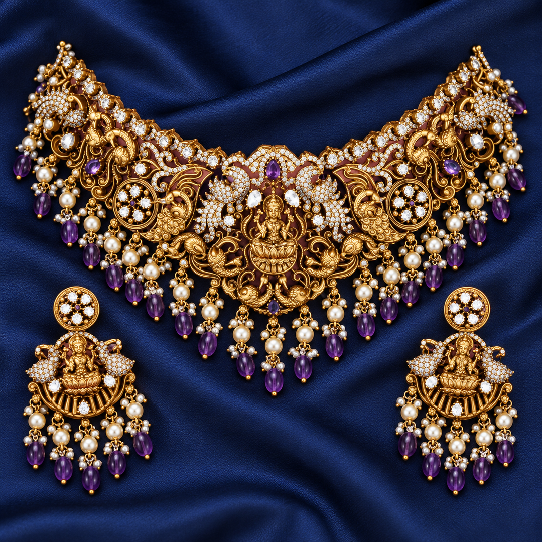 Exquisite Temple Style Lakshmi Peacock Necklace Set