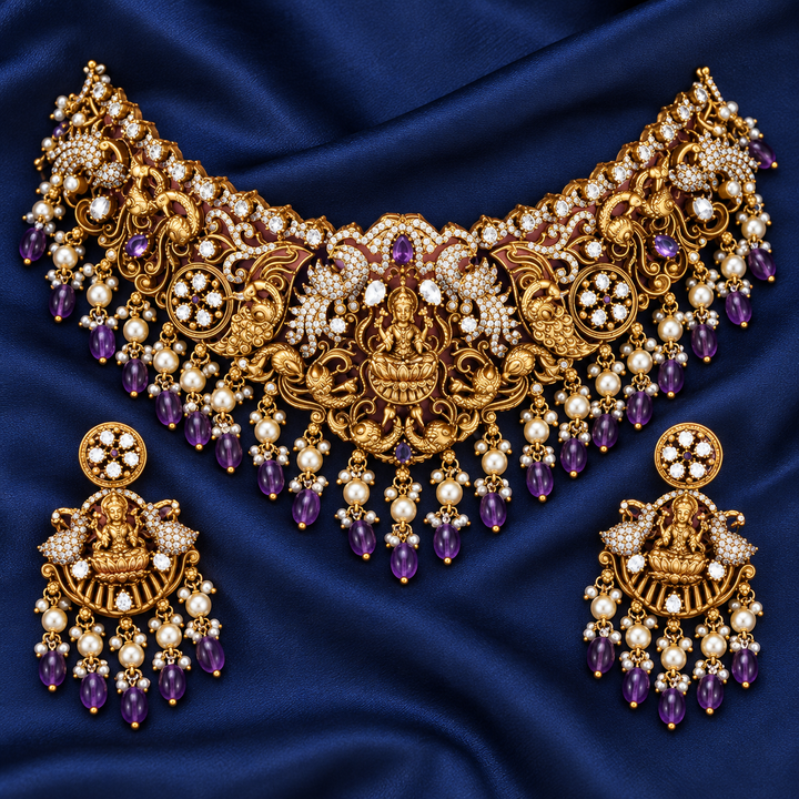 Exquisite Temple Style Lakshmi Peacock Necklace Set