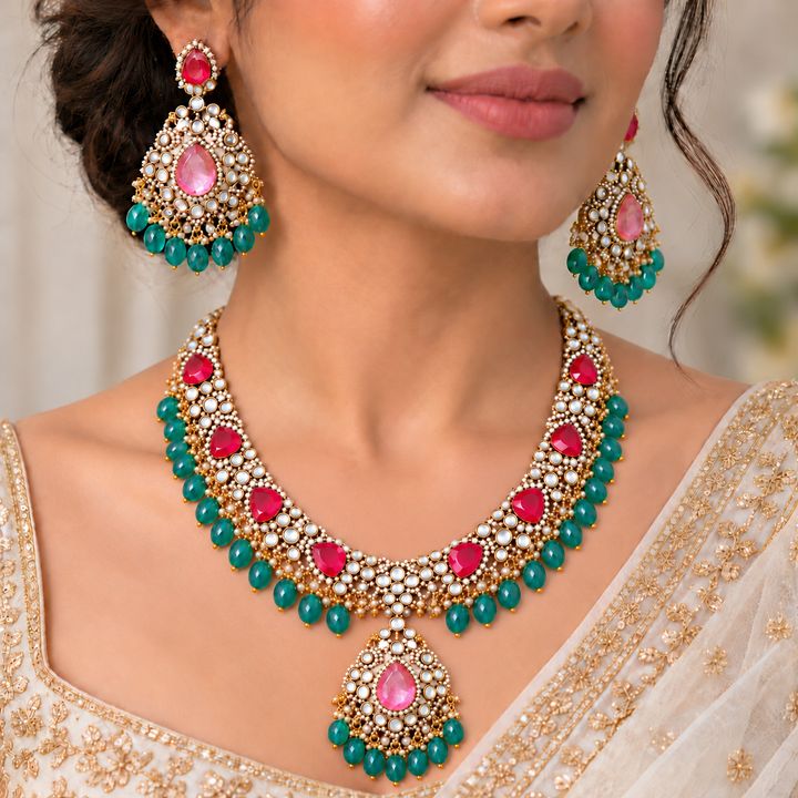 Victorian Red & Green Necklace Set - Festive Elegance
