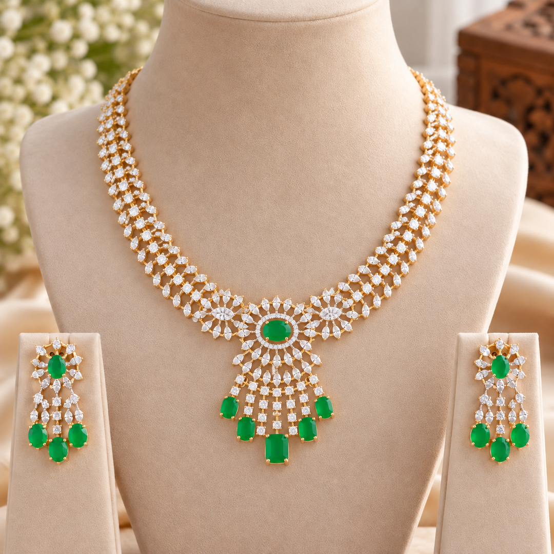 Stunning American Diamond & Green Accent Necklace Set