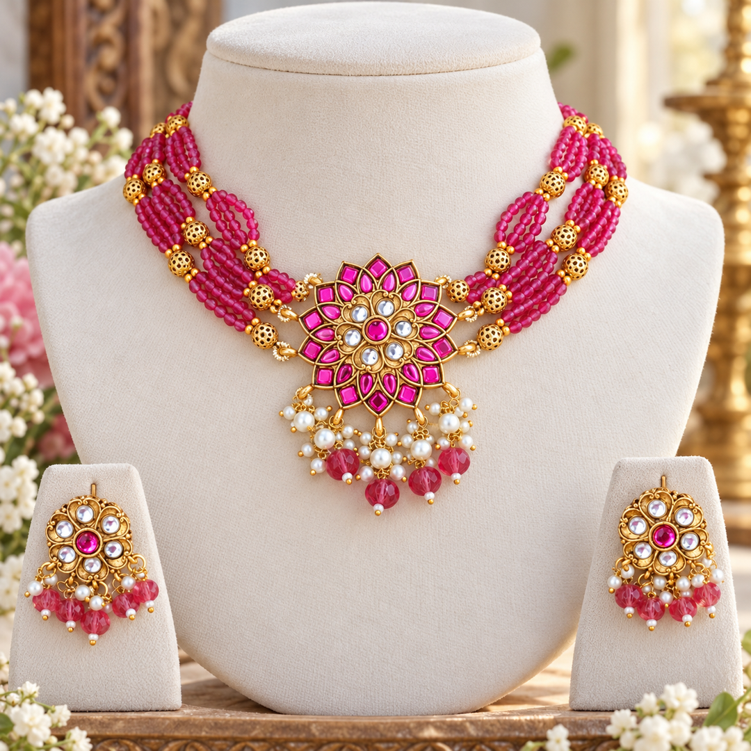 Exquisite Gold & Pink Necklace Set for Weddings