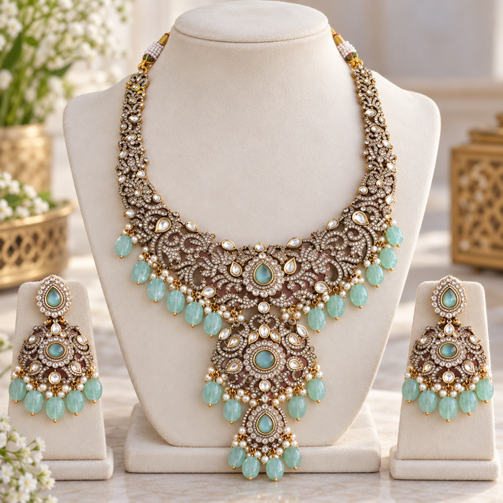 Victorian AD Haram Necklace - Sea Blue Beads Floral