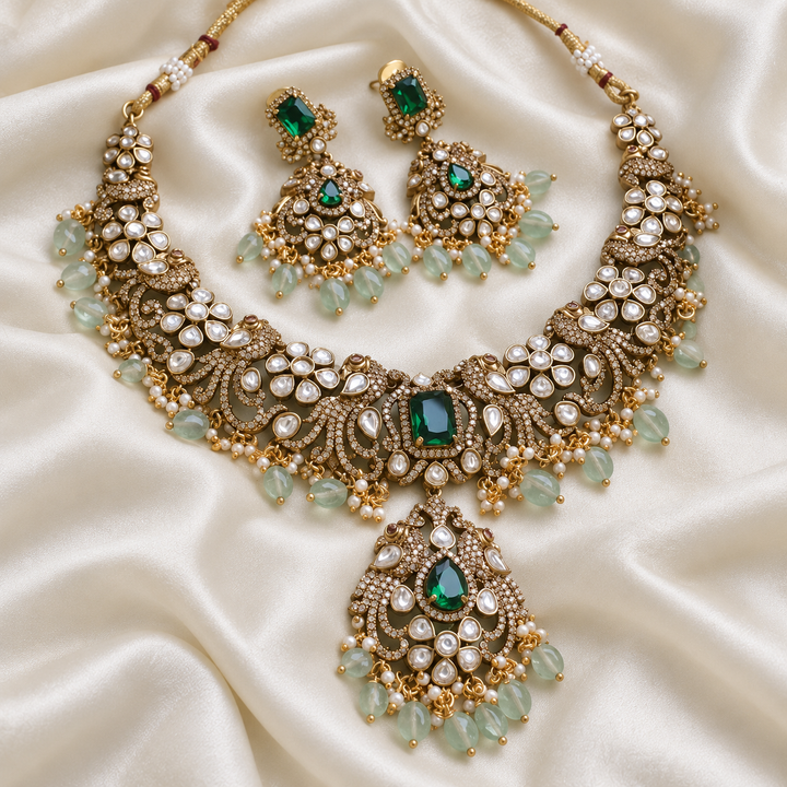 Pastel Green Beaded Victorian Peacock Necklace