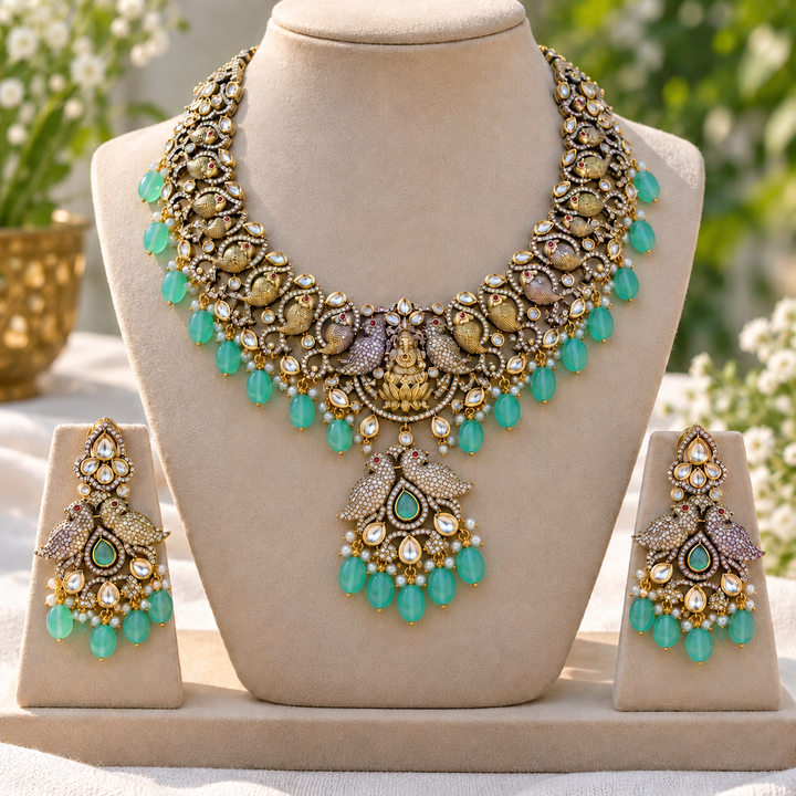 Ganesha Parrot Victorian Necklace with Purple Beads
