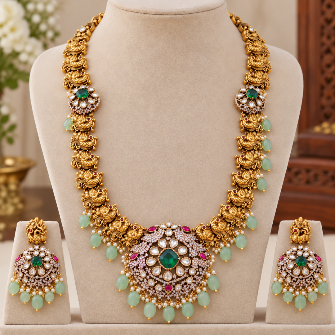 Victorian AD Peacock Necklace with Green Beads