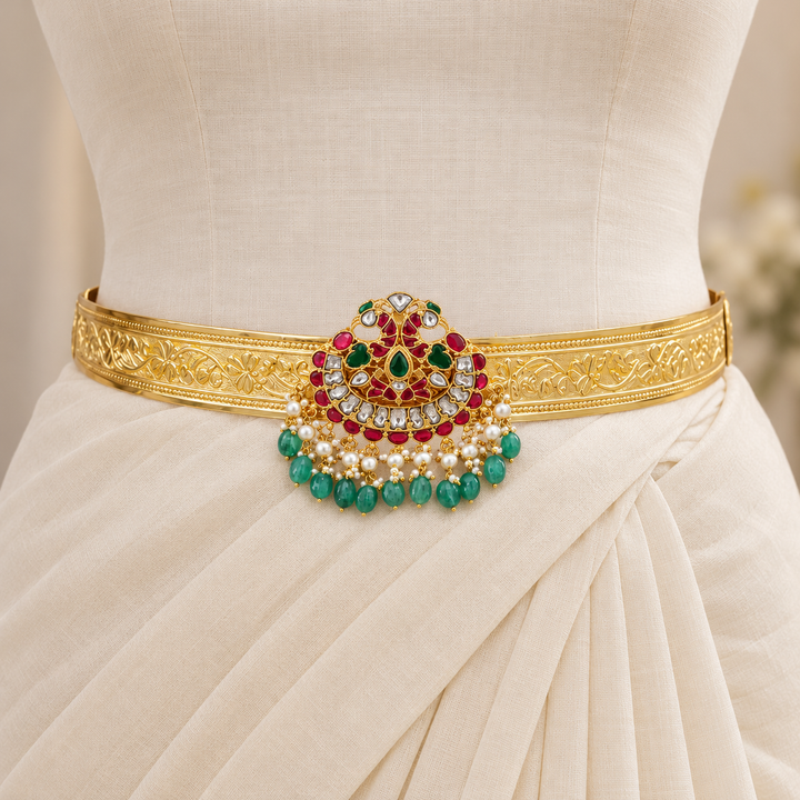 Exquisite Kundan Gold Hip Belt for Radiant Occasions