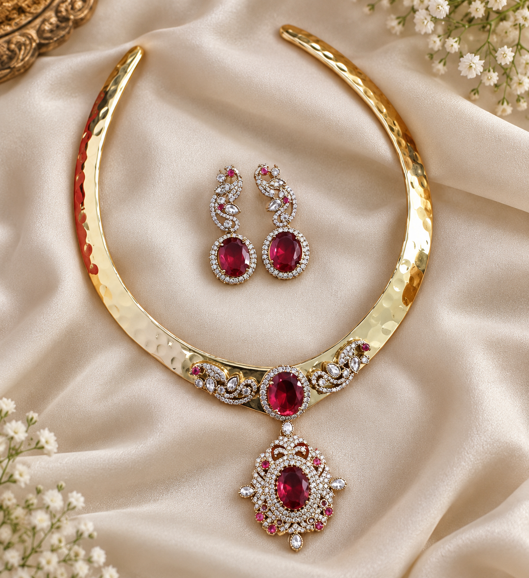 Victorian AD Peacock Hasli Choker with Red Stones