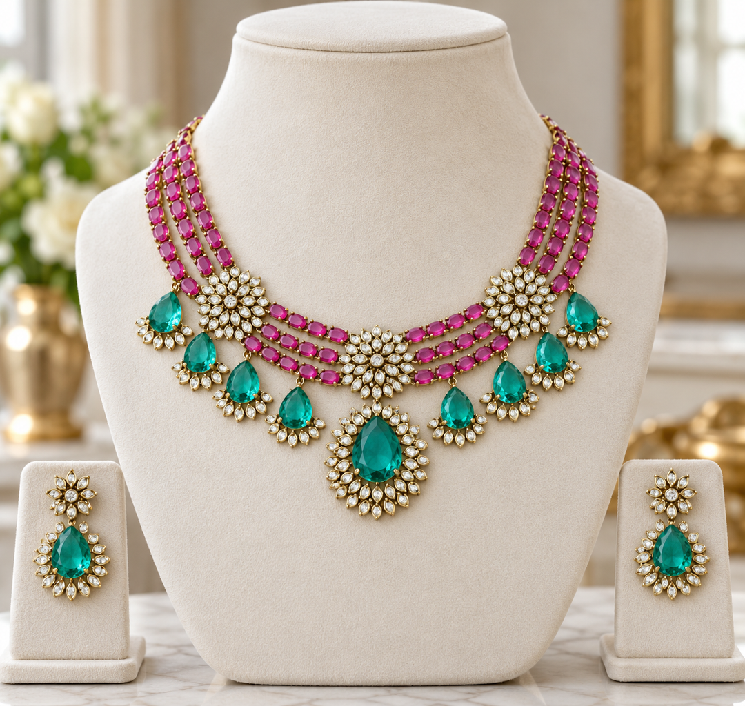 American Diamond & Emerald Necklace Set - Sparkle & Glow