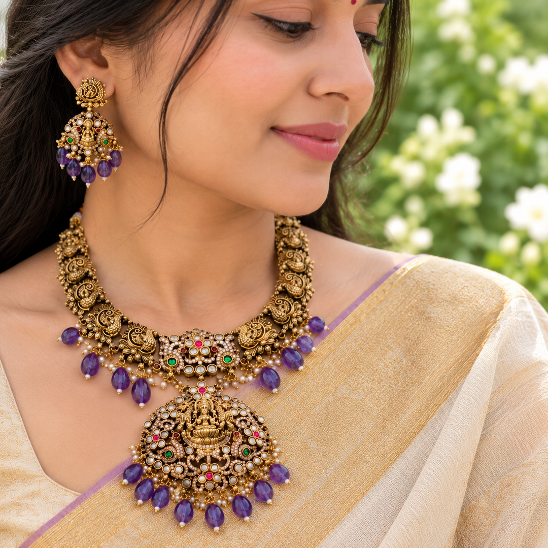 Lakshmi Peacock Floral Victorian AD Necklace
