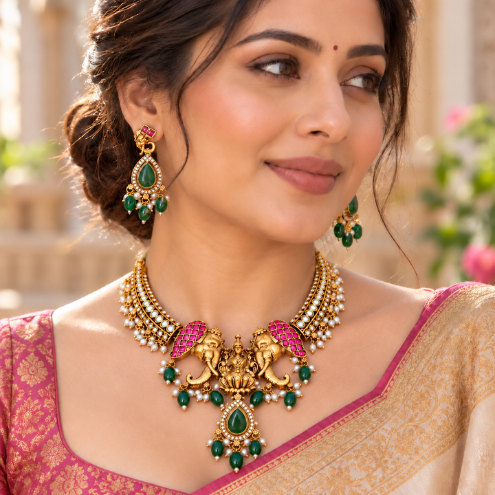 Stunning Temple Design Gold Necklace Set - Festive Charm