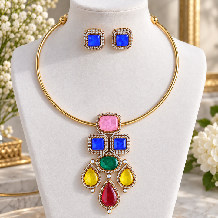 Navarathna Square Mango Pendant AD Choker