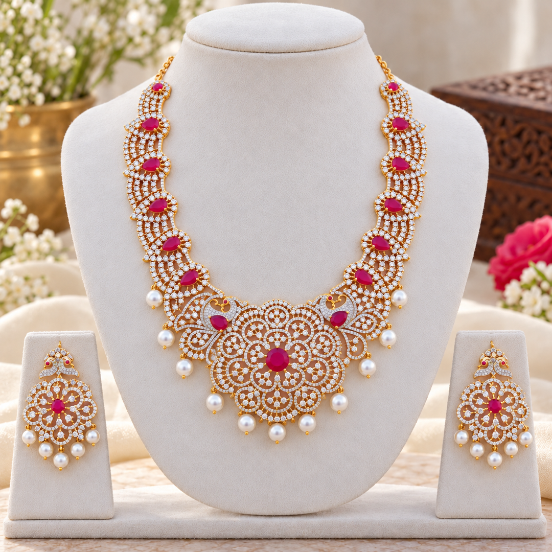 American Diamond Necklace with Ruby Accents - Sparkle & Glow