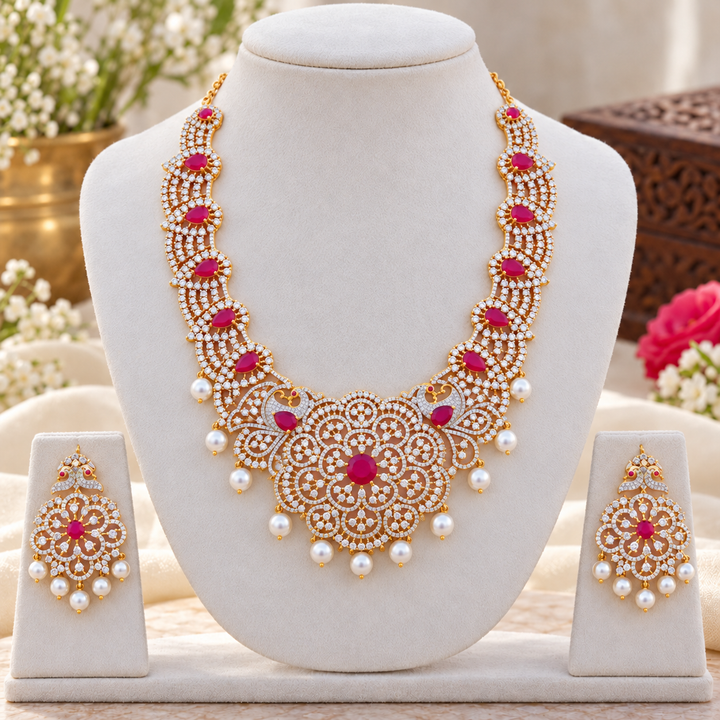 American Diamond Necklace with Ruby Accents - Sparkle & Glow