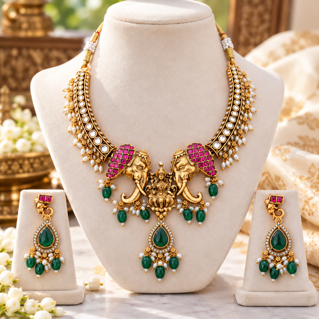 Stunning Temple Design Gold Necklace Set - Festive Charm