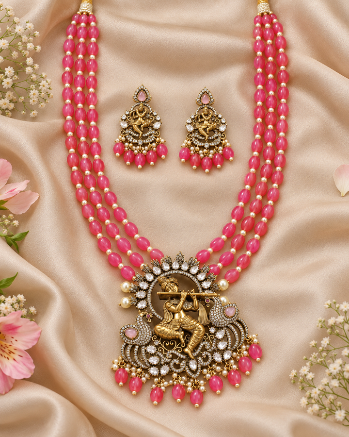 Krishna Flute Peacock Pendant & Beaded Haram