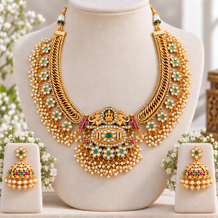 Exquisite Temple Necklace Set - Festive Gold-Plated Splendor