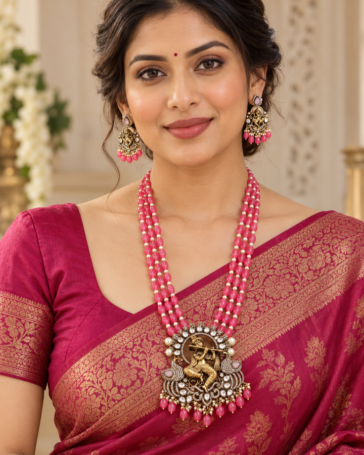 Krishna Flute Peacock Pendant & Beaded Haram