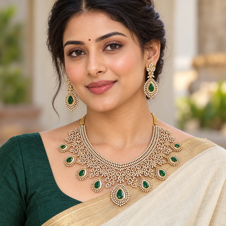 GJ Green American Diamond Intricate Necklace