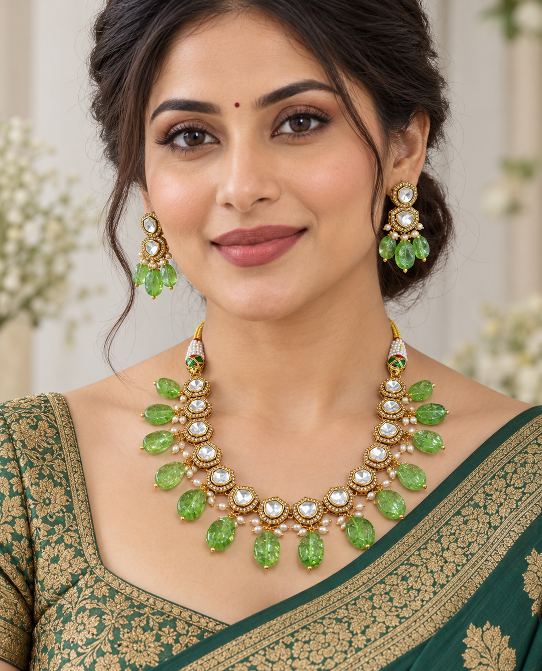 Victorian AD Necklace with Pearls & Green Beads