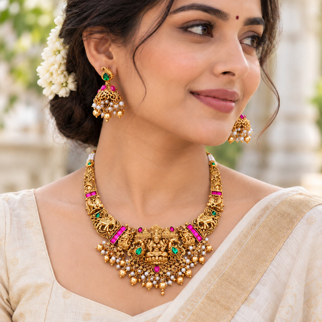 Temple Necklace Set in Gold & Pearl for Festive Elegance