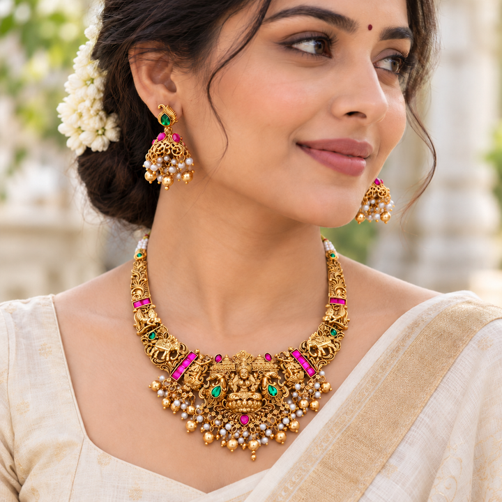 Temple Necklace Set in Gold & Pearl for Festive Elegance